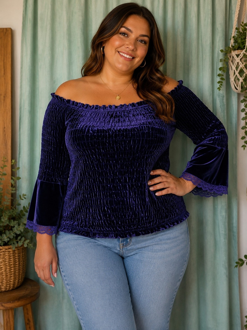 The Pyramid Collection Off-Shoulder Velvet Top in Deep Purple Size XL Stretchy